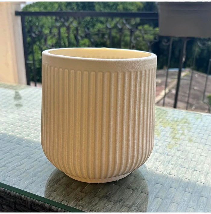 Ribbed Beige Plastic Planter